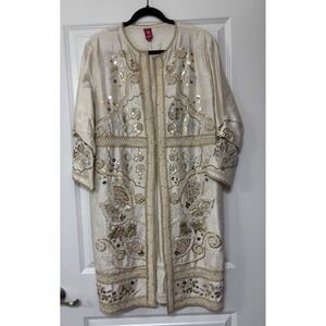 Sandy Starkman Vintage Ivory Silk Embroidered Sequin Open Front Duster Jacket XL